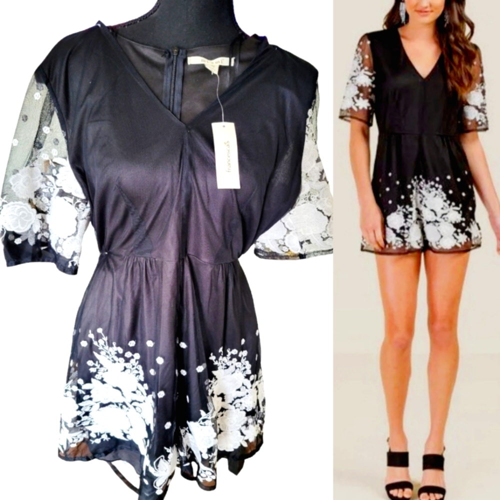 FRANCESCA'S COLLECTION- Miami Black Romper with Embroidered Flowers Size M- NWTs